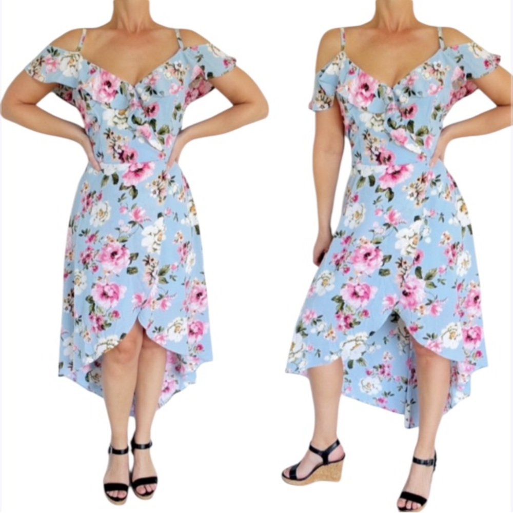 IZ Byer blue floral cold shoulder ruffle trim high low midi wrap dress large